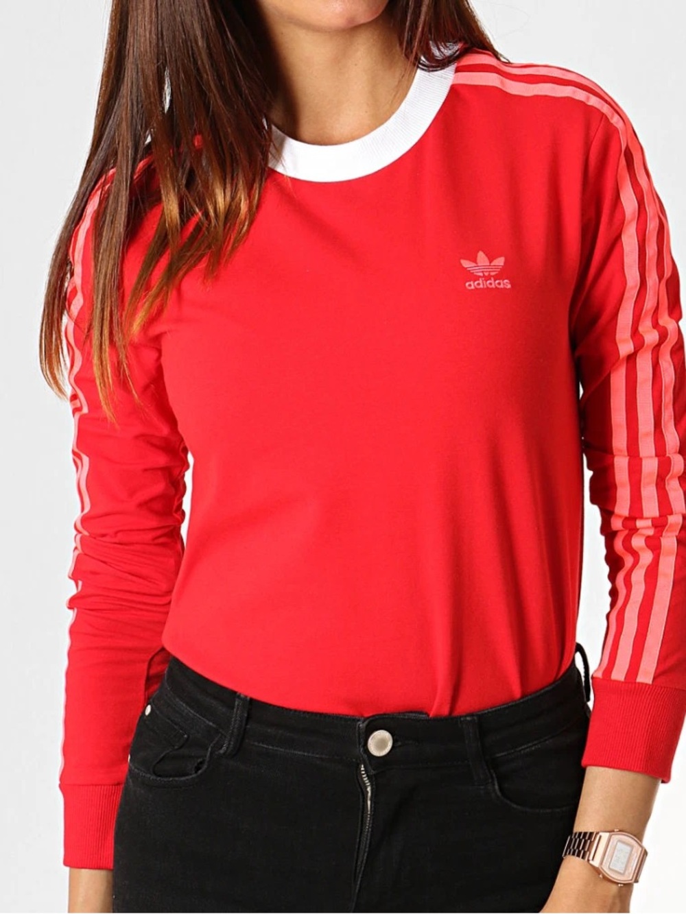 adidas Women's Red Long-Sleeve Crew Top with Pink Stripe Accents